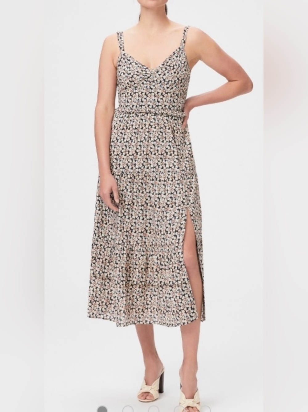 PAIGE Olivetta Front Slit Tiered Midi Floral Dress Lined Black Multi Size S